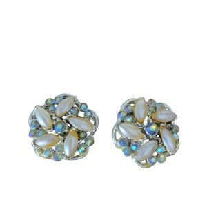 Vintage BSK Clip On Earrings Sparkly Gems Pearl Silver Metal